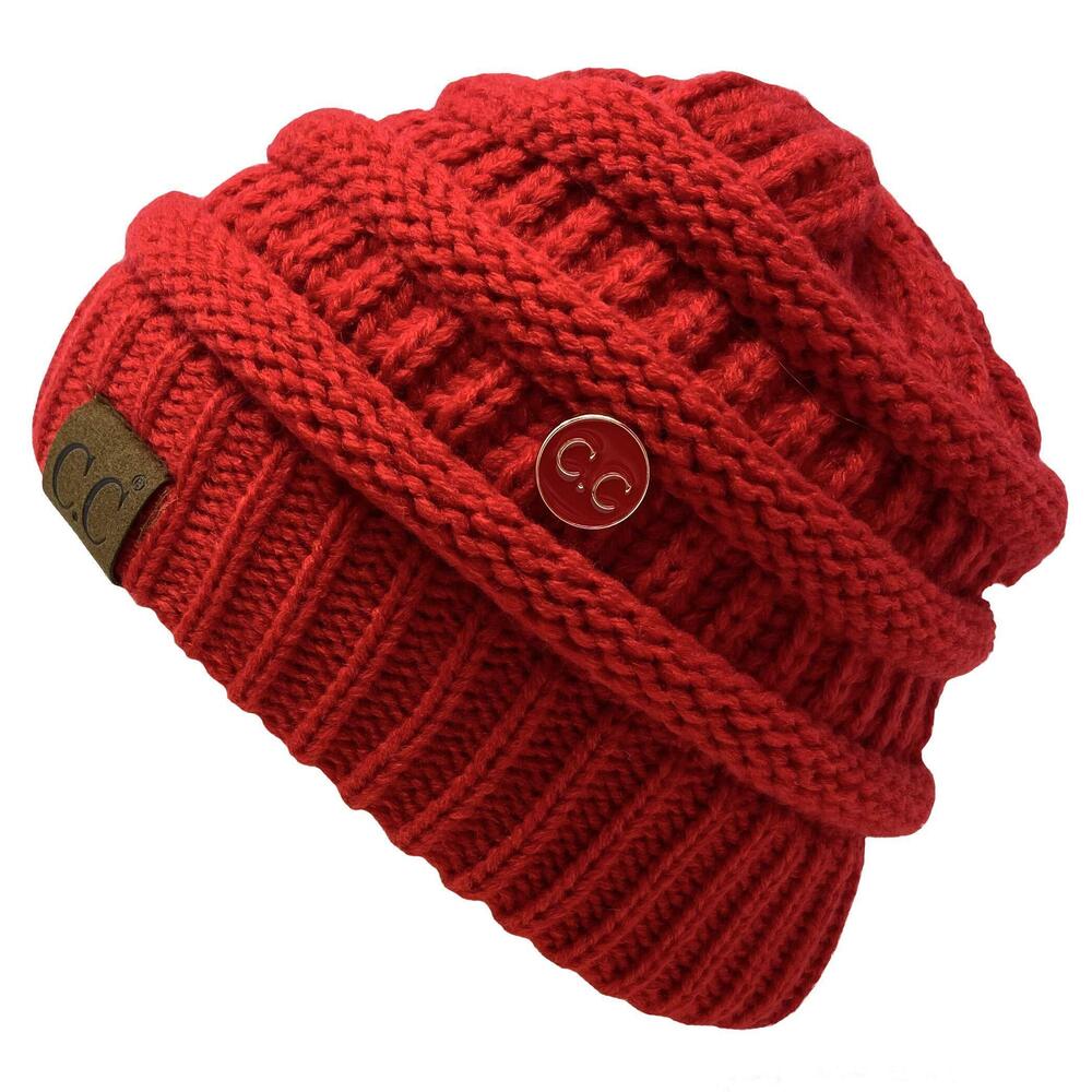 4792 Beanie Ribbed Knit Hat Chunky Slouchy Side Button Skullcap - Red